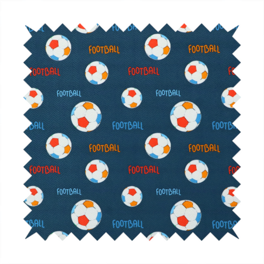 A deep navy blue fabric featuring a lively, repeating soccer-themed pattern.