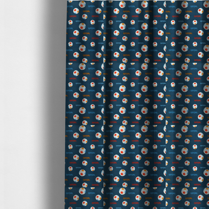 The fabric used to create these made-to-measure curtains is a deep navy blue fabric featuring a lively, repeating soccer-themed pattern.