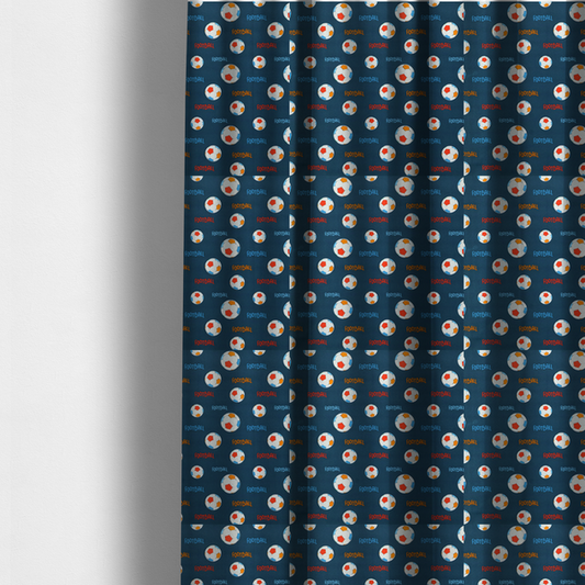 The fabric used to create these made-to-measure curtains is a deep navy blue fabric featuring a lively, repeating soccer-themed pattern.