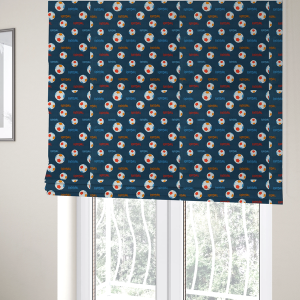 The fabric used to create these Roman blinds is a deep navy blue fabric featuring a lively, repeating soccer-themed pattern.