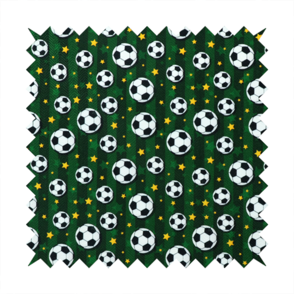 A rich forest green fabric featuring a classic, high-energy soccer and stars pattern.