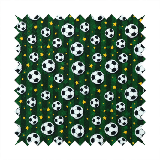 A rich forest green fabric featuring a classic, high-energy soccer and stars pattern.