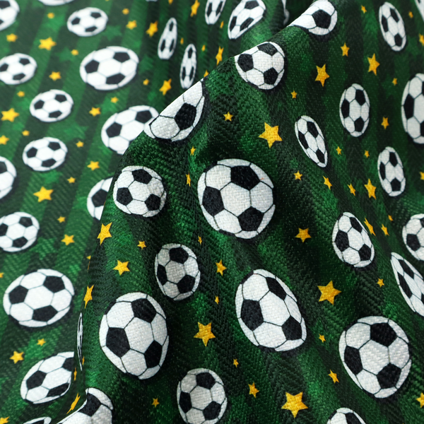 A rich forest green fabric featuring a classic, high-energy soccer and stars pattern.
