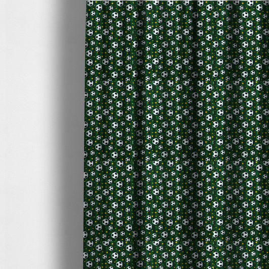 The fabric used to create these made-to-measure curtains is a rich forest green fabric featuring a classic, high-energy soccer and stars pattern.