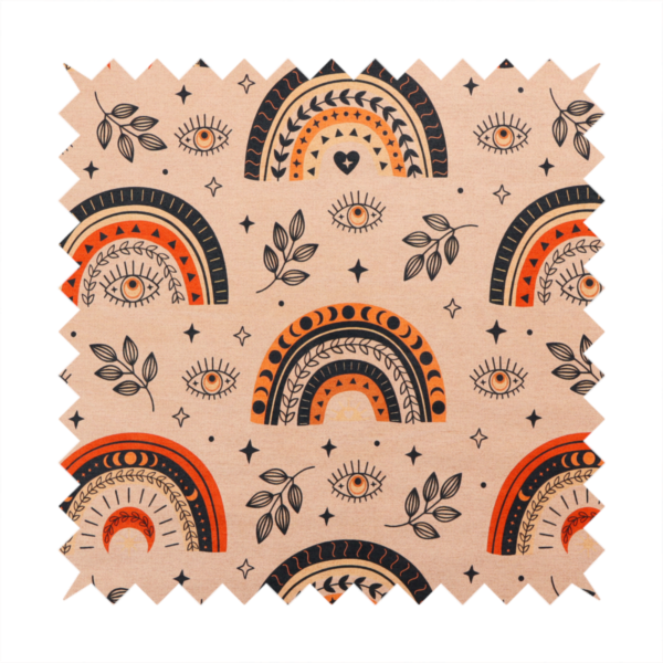 Seamless fabric pattern featuring bohemian style rainbows, mystic evil eyes, moon phases, and botanical leaves in terracotta orange, charcoal black, and tan.
