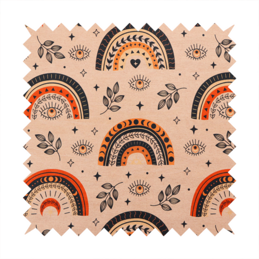 Seamless fabric pattern featuring bohemian style rainbows, mystic evil eyes, moon phases, and botanical leaves in terracotta orange, charcoal black, and tan.