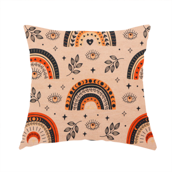The fabric used to create this handmade cushion is a seamless fabric pattern featuring bohemian style rainbows, mystic evil eyes, moon phases, and botanical leaves in terracotta orange, charcoal black, and tan.