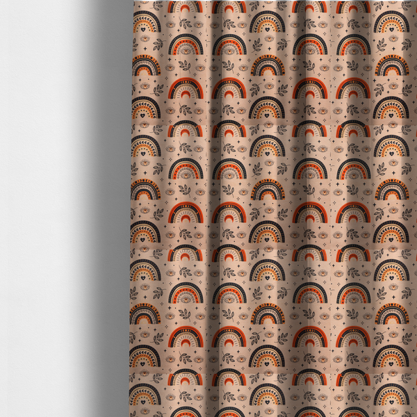 The fabric used to create these made-to-measure curtains is a seamless fabric pattern featuring bohemian style rainbows, mystic evil eyes, moon phases, and botanical leaves in terracotta orange, charcoal black, and tan.