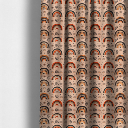 The fabric used to create these made-to-measure curtains is a seamless fabric pattern featuring bohemian style rainbows, mystic evil eyes, moon phases, and botanical leaves in terracotta orange, charcoal black, and tan.