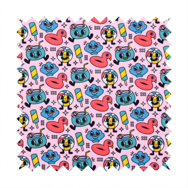 Seamless bubble-gum pink fabric pattern featuring retro 1930s cartoon summer motifs, including smiling beach balls, flamingo pool floats, cocktails, popsicles, and seashells.