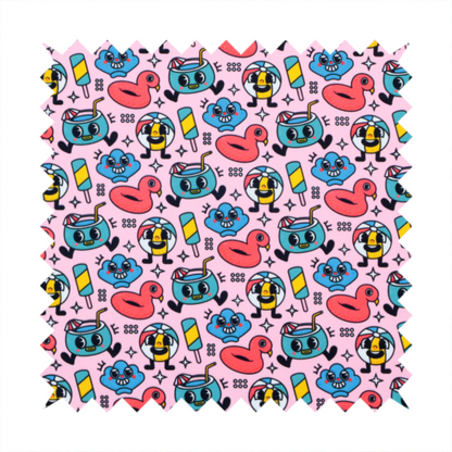 Seamless bubble-gum pink fabric pattern featuring retro 1930s cartoon summer motifs, including smiling beach balls, flamingo pool floats, cocktails, popsicles, and seashells.