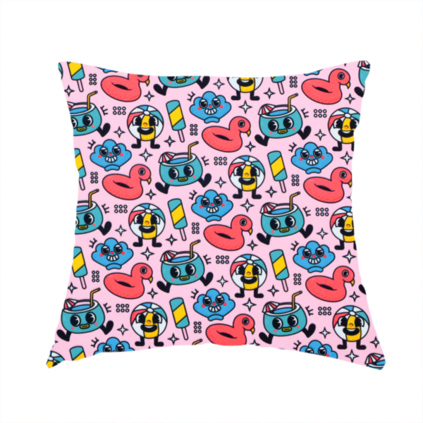 The fabric used to create this handmade cushion is a seamless bubble-gum pink fabric pattern featuring retro 1930s cartoon summer motifs, including smiling beach balls, flamingo pool floats, cocktails, popsicles, and seashells.