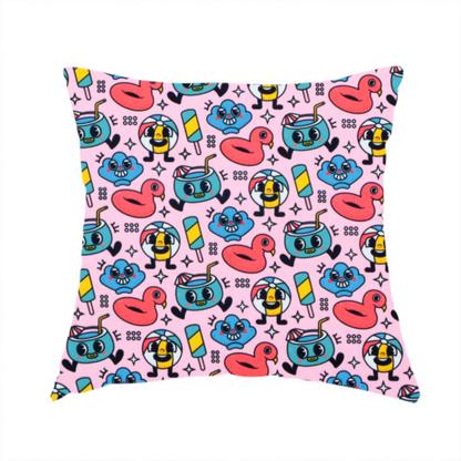 The fabric used to create this handmade cushion is a seamless bubble-gum pink fabric pattern featuring retro 1930s cartoon summer motifs, including smiling beach balls, flamingo pool floats, cocktails, popsicles, and seashells.