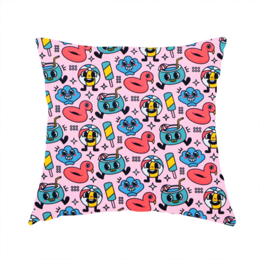 The fabric used to create this handmade cushion is a seamless bubble-gum pink fabric pattern featuring retro 1930s cartoon summer motifs, including smiling beach balls, flamingo pool floats, cocktails, popsicles, and seashells.