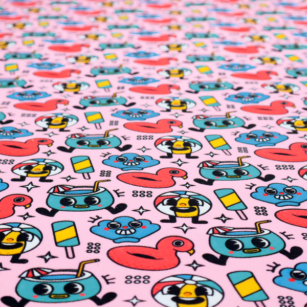 Seamless bubble-gum pink fabric pattern featuring retro 1930s cartoon summer motifs, including smiling beach balls, flamingo pool floats, cocktails, popsicles, and seashells.
