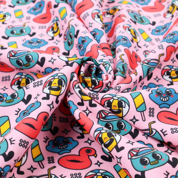 Seamless bubble-gum pink fabric pattern featuring retro 1930s cartoon summer motifs, including smiling beach balls, flamingo pool floats, cocktails, popsicles, and seashells.