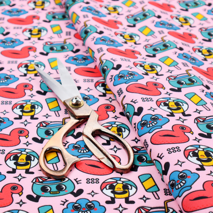 Seamless bubble-gum pink fabric pattern featuring retro 1930s cartoon summer motifs, including smiling beach balls, flamingo pool floats, cocktails, popsicles, and seashells.