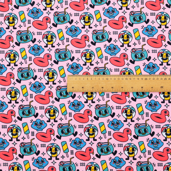 Seamless bubble-gum pink fabric pattern featuring retro 1930s cartoon summer motifs, including smiling beach balls, flamingo pool floats, cocktails, popsicles, and seashells.