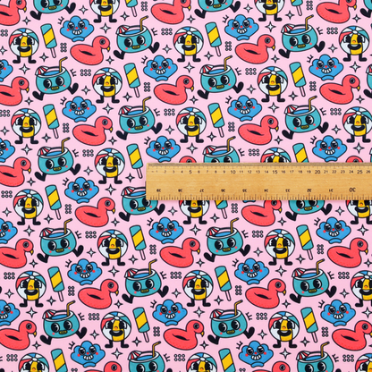Seamless bubble-gum pink fabric pattern featuring retro 1930s cartoon summer motifs, including smiling beach balls, flamingo pool floats, cocktails, popsicles, and seashells.