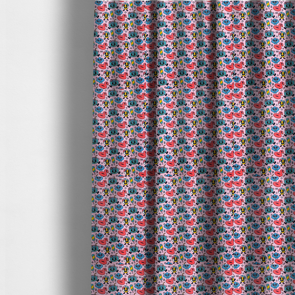 The fabric used to create these made-to-measure curtains is a seamless bubble-gum pink fabric pattern featuring retro 1930s cartoon summer motifs, including smiling beach balls, flamingo pool floats, cocktails, popsicles, and seashells.