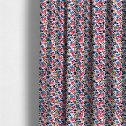 The fabric used to create these made-to-measure curtains is a seamless bubble-gum pink fabric pattern featuring retro 1930s cartoon summer motifs, including smiling beach balls, flamingo pool floats, cocktails, popsicles, and seashells.