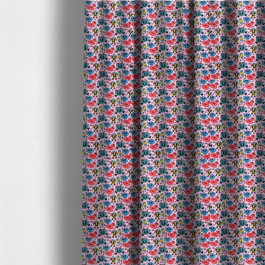 The fabric used to create these made-to-measure curtains is a seamless bubble-gum pink fabric pattern featuring retro 1930s cartoon summer motifs, including smiling beach balls, flamingo pool floats, cocktails, popsicles, and seashells.