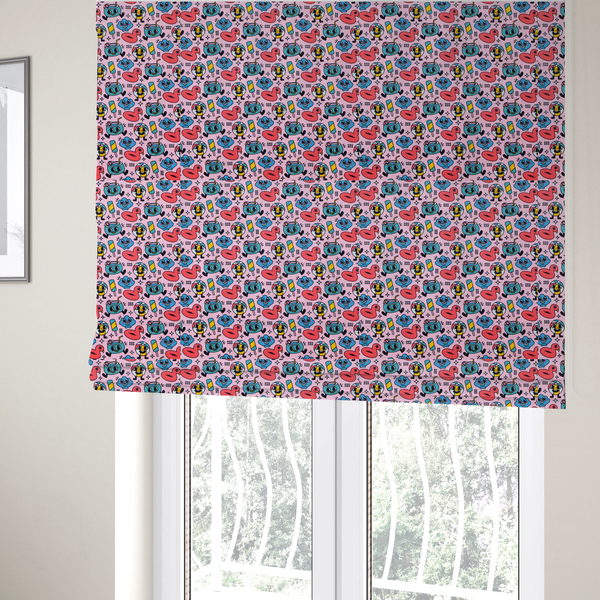 The fabric used to create these Roman blinds is a seamless bubble-gum pink fabric pattern featuring retro 1930s cartoon summer motifs, including smiling beach balls, flamingo pool floats, cocktails, popsicles, and seashells.