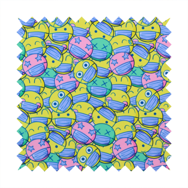 Seamless novelty fabric pattern featuring a dense, overlapping collage of cartoon emoji smiley faces wearing blue face masks in bright neon yellow, green, and pink.
