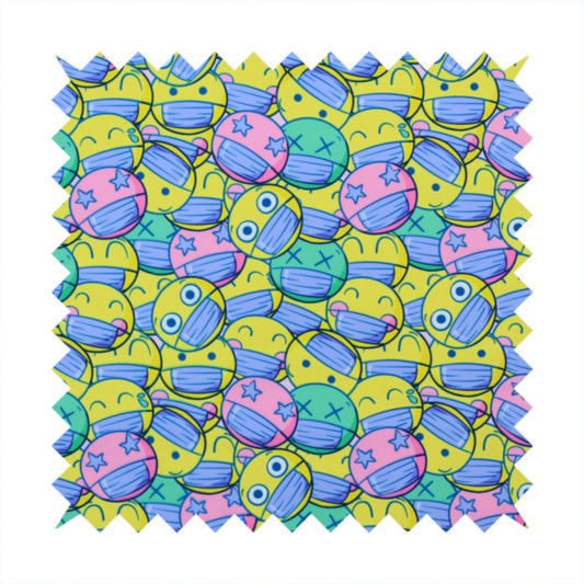 Seamless novelty fabric pattern featuring a dense, overlapping collage of cartoon emoji smiley faces wearing blue face masks in bright neon yellow, green, and pink.
