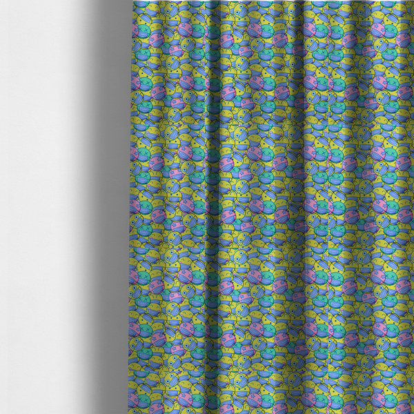 The fabric used to create these made-to-measure curtains is a seamless novelty fabric pattern featuring a dense, overlapping collage of cartoon emoji smiley faces wearing blue face masks in bright neon yellow, green, and pink.