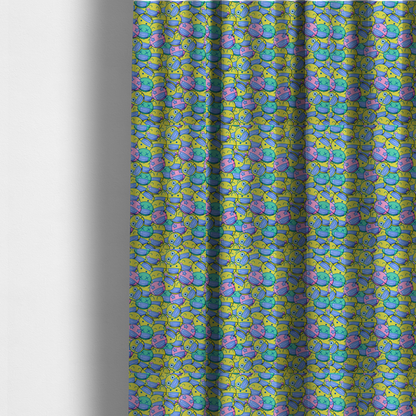 The fabric used to create these made-to-measure curtains is a seamless novelty fabric pattern featuring a dense, overlapping collage of cartoon emoji smiley faces wearing blue face masks in bright neon yellow, green, and pink.