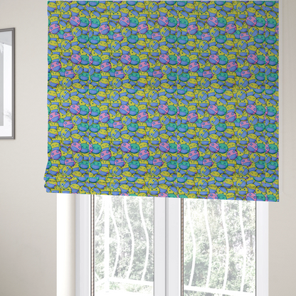 The fabric sued to create these Roman blinds is a seamless novelty fabric pattern featuring a dense, overlapping collage of cartoon emoji smiley faces wearing blue face masks in bright neon yellow, green, and pink.