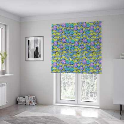 The fabric sued to create these Roman blinds is a seamless novelty fabric pattern featuring a dense, overlapping collage of cartoon emoji smiley faces wearing blue face masks in bright neon yellow, green, and pink.