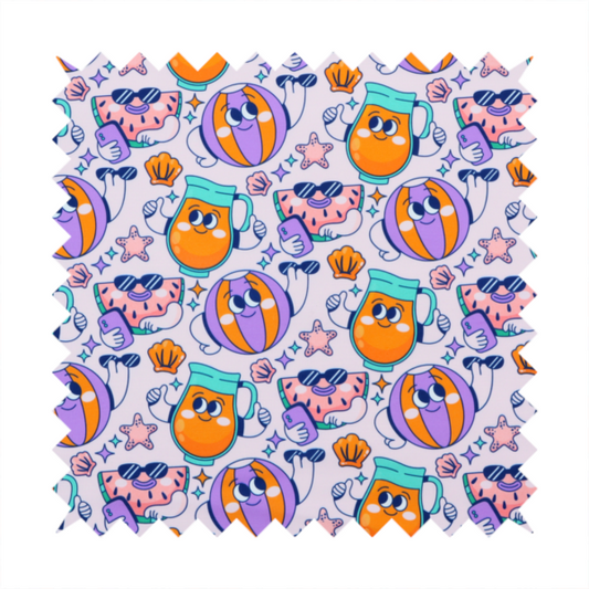 Seamless lavender fabric pattern featuring retro 1930s cartoon beach motifs, including a watermelon slice taking a selfie, a smiling juice pitcher, beach balls, and seashells.