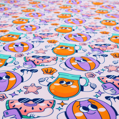 Seamless lavender fabric pattern featuring retro 1930s cartoon beach motifs, including a watermelon slice taking a selfie, a smiling juice pitcher, beach balls, and seashells.
