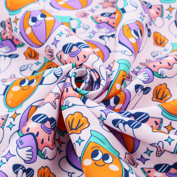 Seamless lavender fabric pattern featuring retro 1930s cartoon beach motifs, including a watermelon slice taking a selfie, a smiling juice pitcher, beach balls, and seashells.