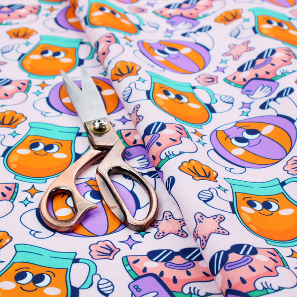 Seamless lavender fabric pattern featuring retro 1930s cartoon beach motifs, including a watermelon slice taking a selfie, a smiling juice pitcher, beach balls, and seashells.