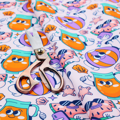 Seamless lavender fabric pattern featuring retro 1930s cartoon beach motifs, including a watermelon slice taking a selfie, a smiling juice pitcher, beach balls, and seashells.