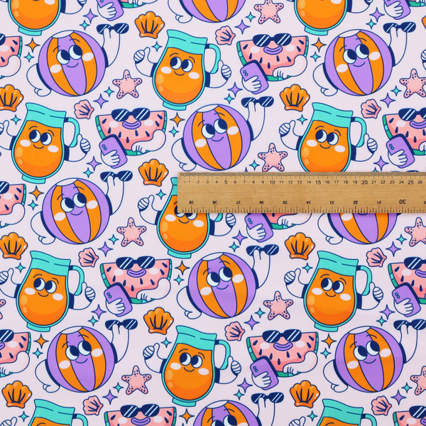 Seamless lavender fabric pattern featuring retro 1930s cartoon beach motifs, including a watermelon slice taking a selfie, a smiling juice pitcher, beach balls, and seashells.