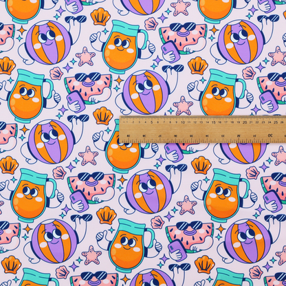 Seamless lavender fabric pattern featuring retro 1930s cartoon beach motifs, including a watermelon slice taking a selfie, a smiling juice pitcher, beach balls, and seashells.