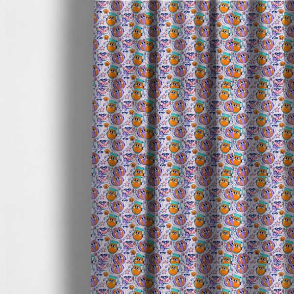 The fabric used to create these made-to-measure curtains is a seamless lavender fabric pattern featuring retro 1930s cartoon beach motifs, including a watermelon slice taking a selfie, a smiling juice pitcher, beach balls, and seashells.