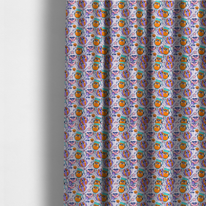 The fabric used to create these made-to-measure curtains is a seamless lavender fabric pattern featuring retro 1930s cartoon beach motifs, including a watermelon slice taking a selfie, a smiling juice pitcher, beach balls, and seashells.
