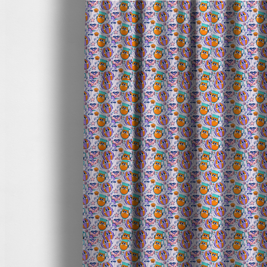 The fabric used to create these made-to-measure curtains is a seamless lavender fabric pattern featuring retro 1930s cartoon beach motifs, including a watermelon slice taking a selfie, a smiling juice pitcher, beach balls, and seashells.