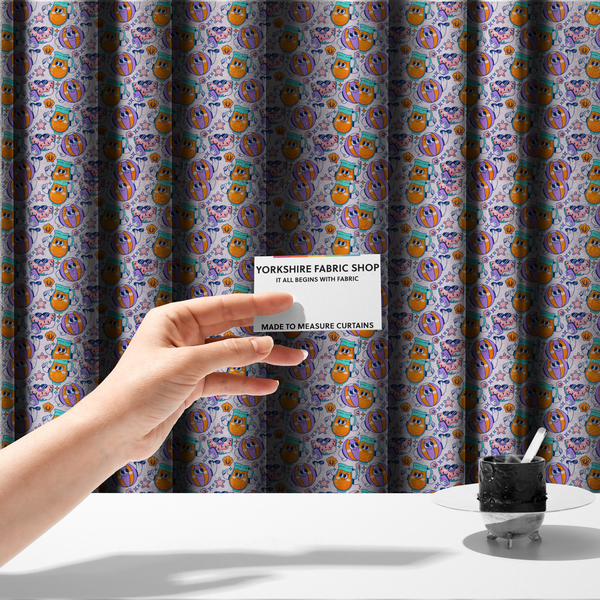 The fabric used to create these made-to-measure curtains is a seamless lavender fabric pattern featuring retro 1930s cartoon beach motifs, including a watermelon slice taking a selfie, a smiling juice pitcher, beach balls, and seashells.