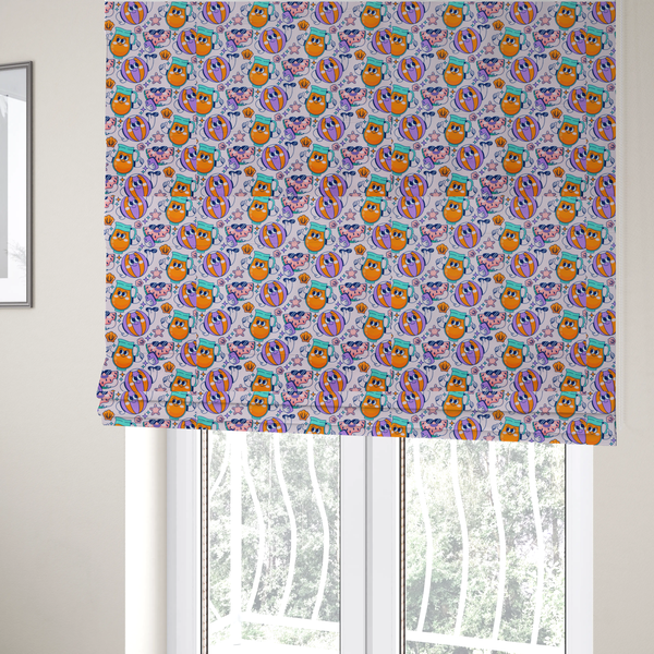 The fabric used to create these Roman blinds is a seamless lavender fabric pattern featuring retro 1930s cartoon beach motifs, including a watermelon slice taking a selfie, a smiling juice pitcher, beach balls, and seashells.