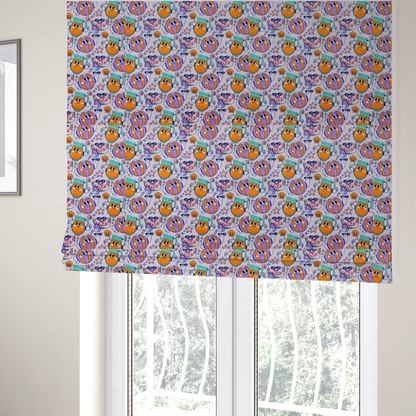 The fabric used to create these Roman blinds is a seamless lavender fabric pattern featuring retro 1930s cartoon beach motifs, including a watermelon slice taking a selfie, a smiling juice pitcher, beach balls, and seashells.