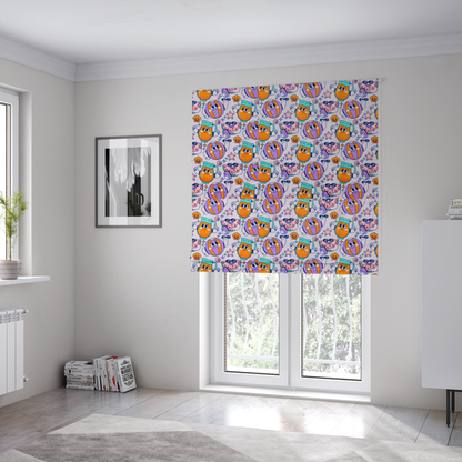 The fabric used to create these Roman blinds is a seamless lavender fabric pattern featuring retro 1930s cartoon beach motifs, including a watermelon slice taking a selfie, a smiling juice pitcher, beach balls, and seashells.