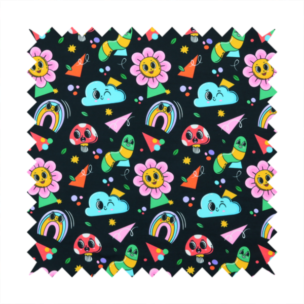 Seamless black fabric pattern featuring a colourful psychedelic print of retro cartoon mushrooms, smiling flowers, happy worms, winking clouds, and rainbow arches.