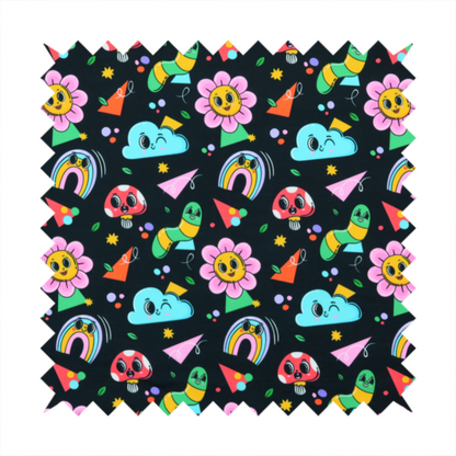 Seamless black fabric pattern featuring a colourful psychedelic print of retro cartoon mushrooms, smiling flowers, happy worms, winking clouds, and rainbow arches.