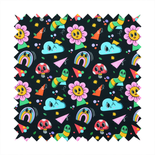 Seamless black fabric pattern featuring a colourful psychedelic print of retro cartoon mushrooms, smiling flowers, happy worms, winking clouds, and rainbow arches.
